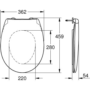 Technische Zeichnung Grohe WC-Sitz Bau Keramik, Maße: 362x459x54 mm, Soft-Close Funktion.
