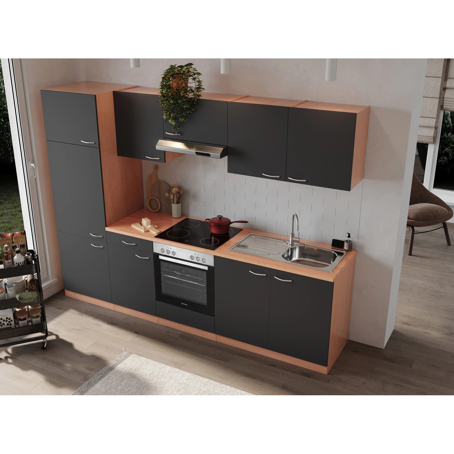 Respekta Küchenzeile KB270BGEC in Grau und Buche Nachbildung mit E-Geräten.