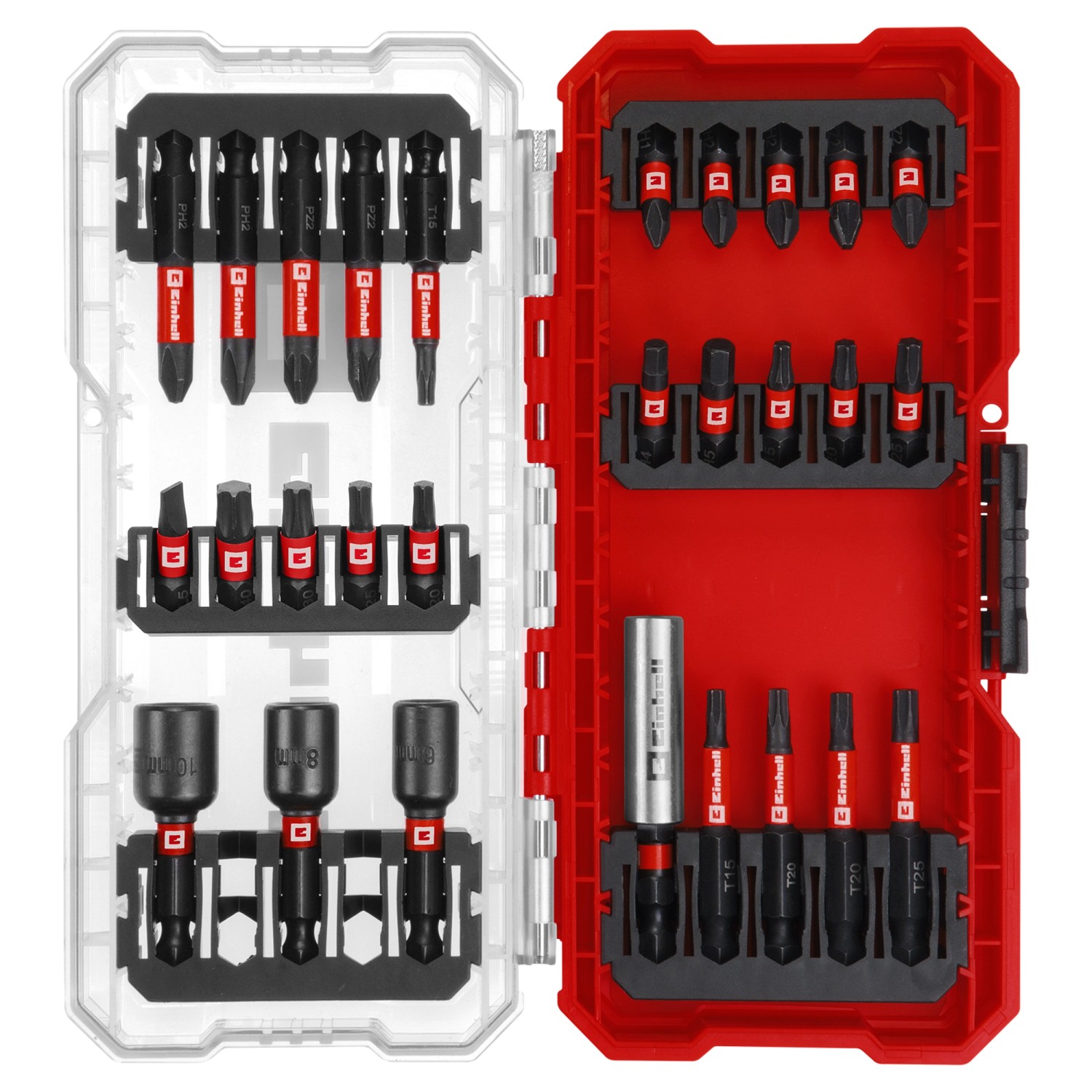Einhell Impact Bit-Set, 28-teilig im S-Case, verschiedene Schraubendreher-Bits und Steckschlüssel.