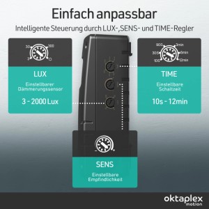 Oktaplex Pit Bewegungsmelder: Schwarzer HF-Sensor mit Einstellmöglichkeiten für Licht, Zeit und Empfindlichkeit.