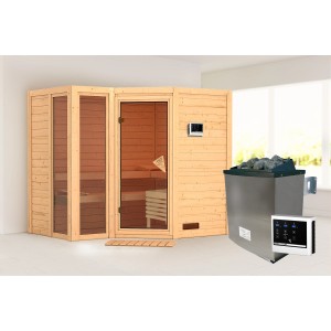 Karibu Sauna Amalia aus Fichte mit Ofen und externer Steuerung. Massivholzsauna für Wellness zu Hause.