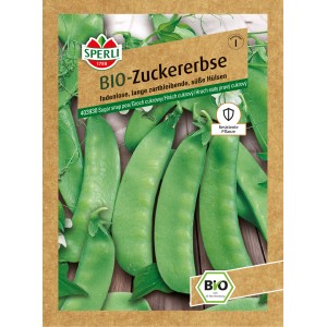 Samenpackung Sperli Bio Zuckererbse 'Sweet Horizon' mit grünen Erbsenschoten.