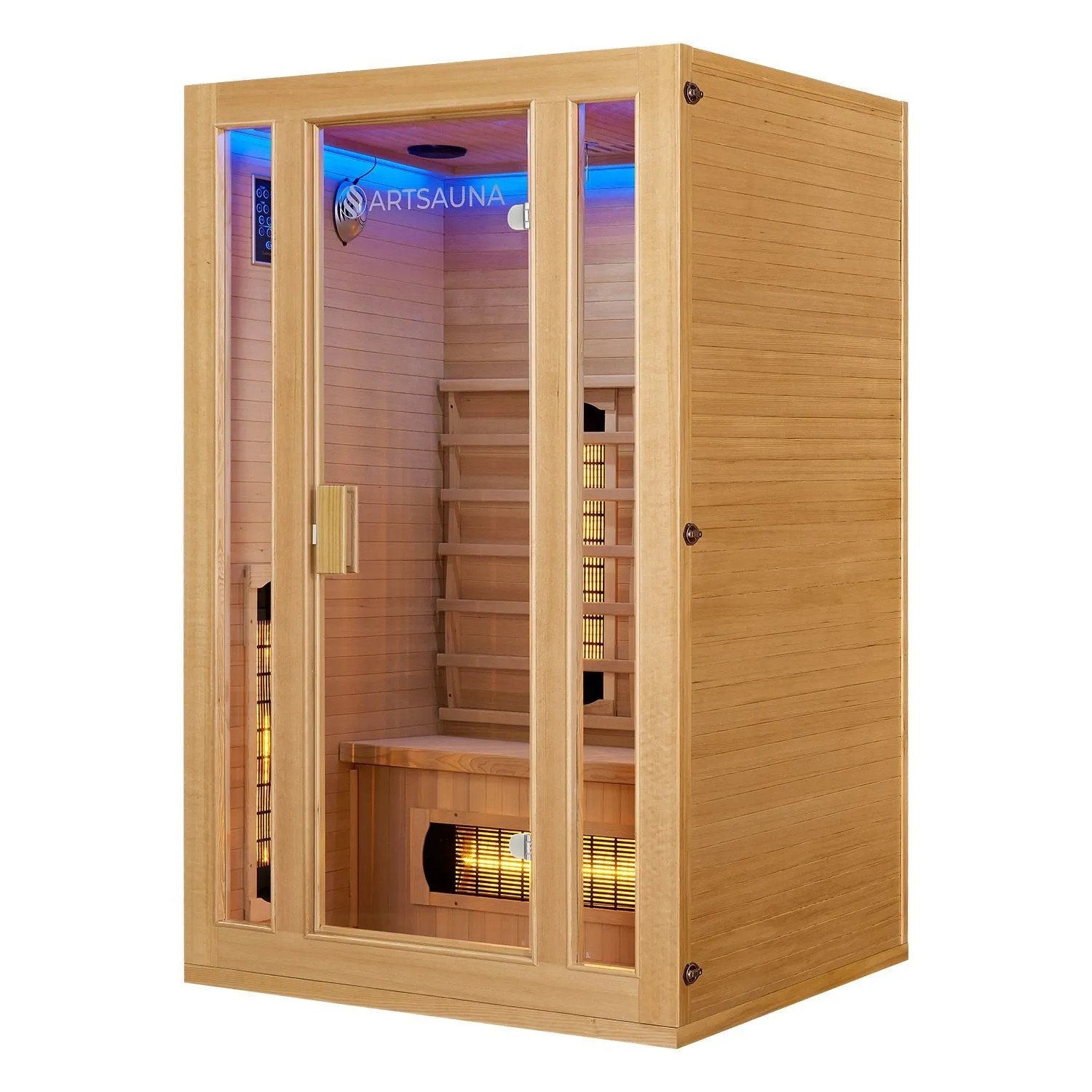 Artsauna Infrarotkabine Nyborg S120V aus Hemlockholz mit Glasfront und Vollspektrumstrahler.