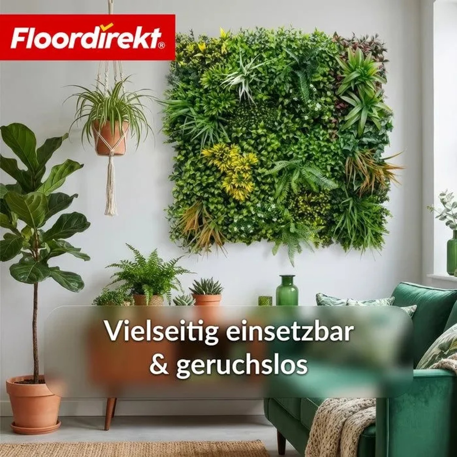 Floordirekt Pflanzenwand Spring Garden, ein grünes Kunstpflanzen-Panel (100x100 cm) zur Wanddekoration.