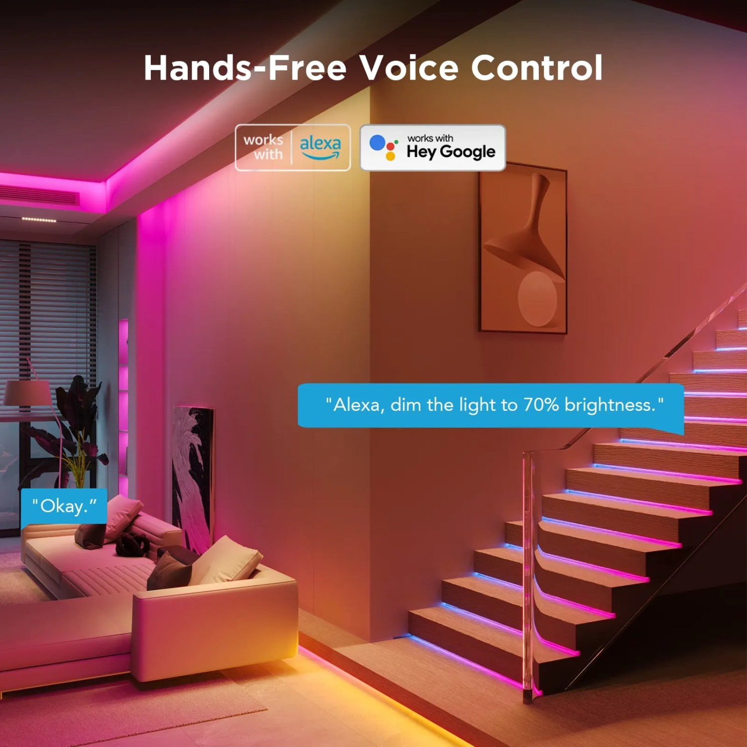 Govee LED-Leuchtband H612F S 3 m im Wohnraum, mit Sprachsteuerung und verschiedenen Farben.