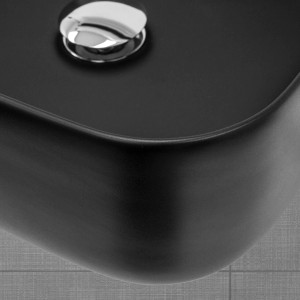 Detailaufnahme: Schwarzes ML-Design Keramik Waschbecken mit abgerundeten Ecken.