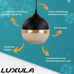 Moderne LUXULA Pendelleuchte mit schwarzem Schirm und bernsteinfarbenem Glas, E27 Fassung.