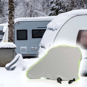Silberne Wiltec Deichselabdeckung mit gelbem Rand schützt Wohnwagen-Deichsel im Schnee. Robustes Oxford 210D Gewebe.