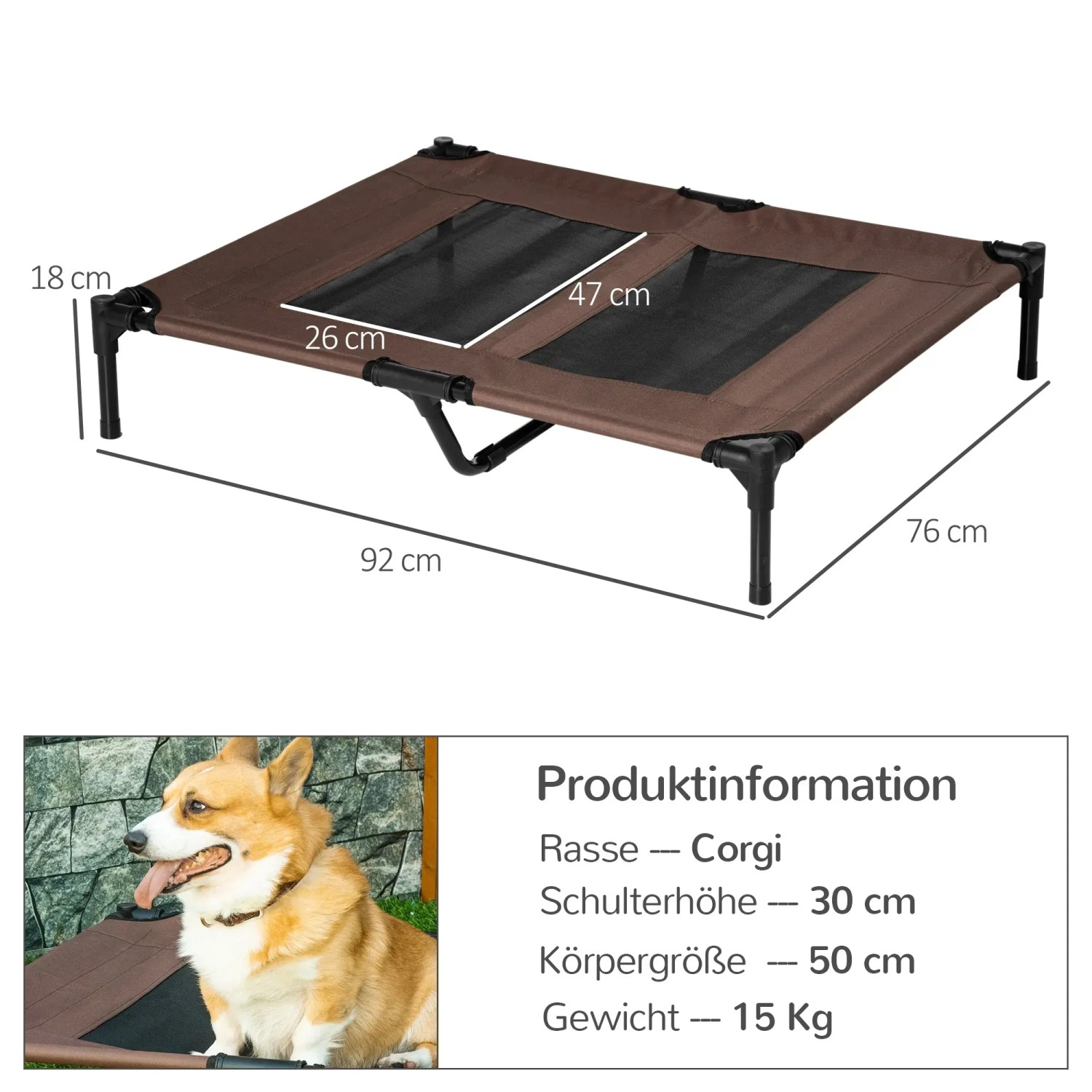 PawHut Hundeliege Outdoor, braunes Haustierbett mit Netz, erhöhte Liegefläche für Hunde.