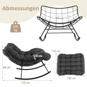 Grauer Costway Schaukelstuhl mit schwarzem Metallrahmen und dickem Polsterkissen. Maße: 110x94 cm, Kissen 16 cm dick, 205 kg Traglast.