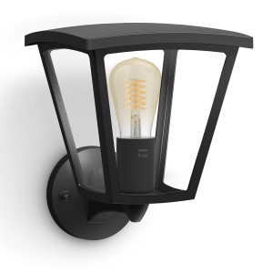 Schwarze Philips Hue Inara LED-Wandleuchte mit E27 Filament Leuchtmittel für den Außenbereich.