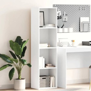 Weißes vidaXL Bücherregal aus Holzwerkstoff mit 4 offenen Fächern in modernem Wohnzimmer. Ideal für Bücher & Deko.