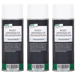 Drei schwarze KOKA Rostumwandler Grundierung Transparent Sprühdosen mit weißem Deckel. Rostschutz für Metall.