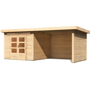 Karibu Holz-Gartenhaus Kumla 6 mit Pultdach, unbehandelt, 270x270 cm. Naturholz mit Doppeltür und Anbau.