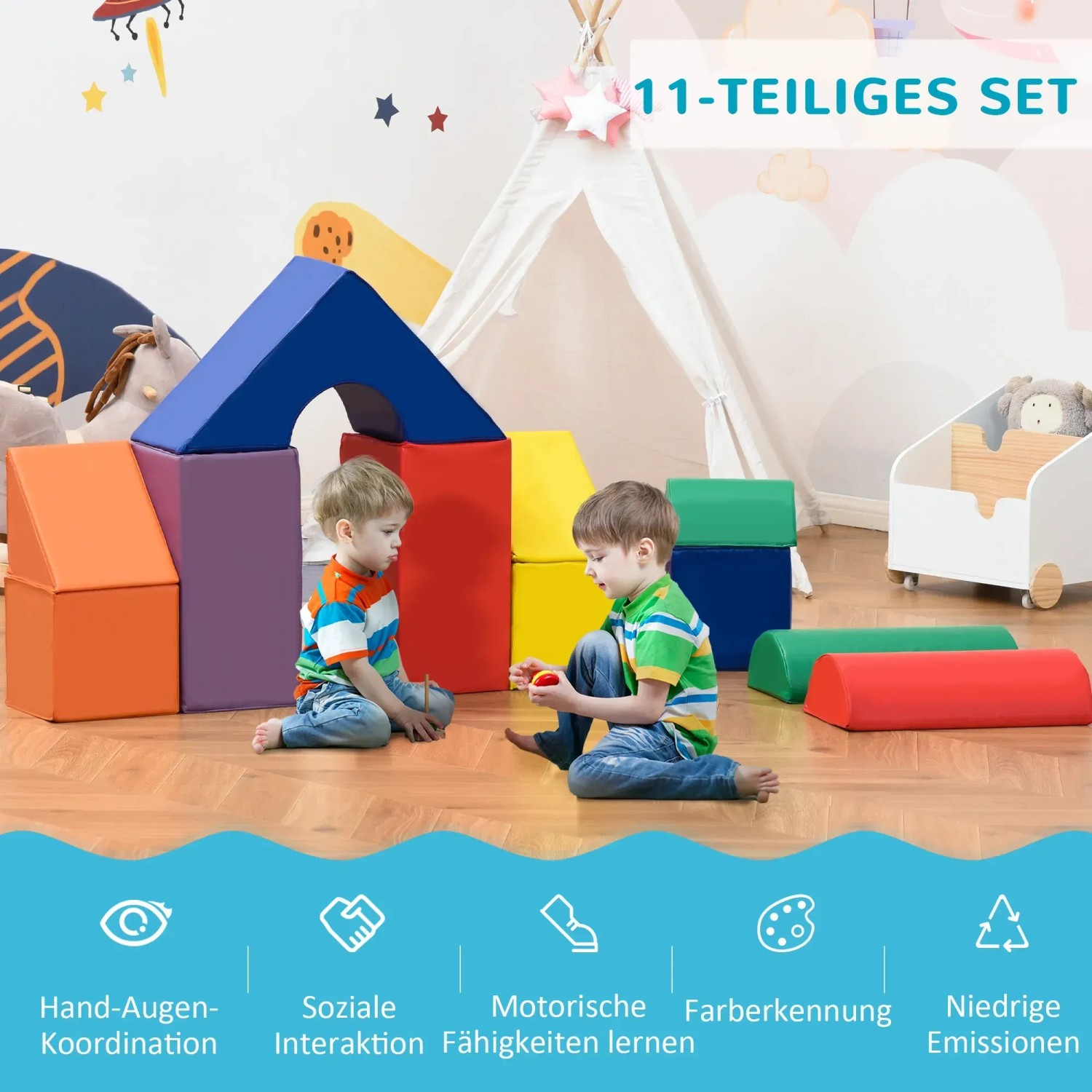 Buntes HOMCOM Bausteinset aus Kunstleder, 11-teilig, für Kinder zum Spielen und Lernen.