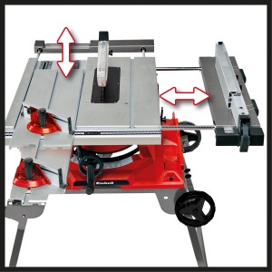Einhell Tischkreissäge TE-CC 250 UF mit Untergestell, Aluminiumtisch und Tischverbreiterung.