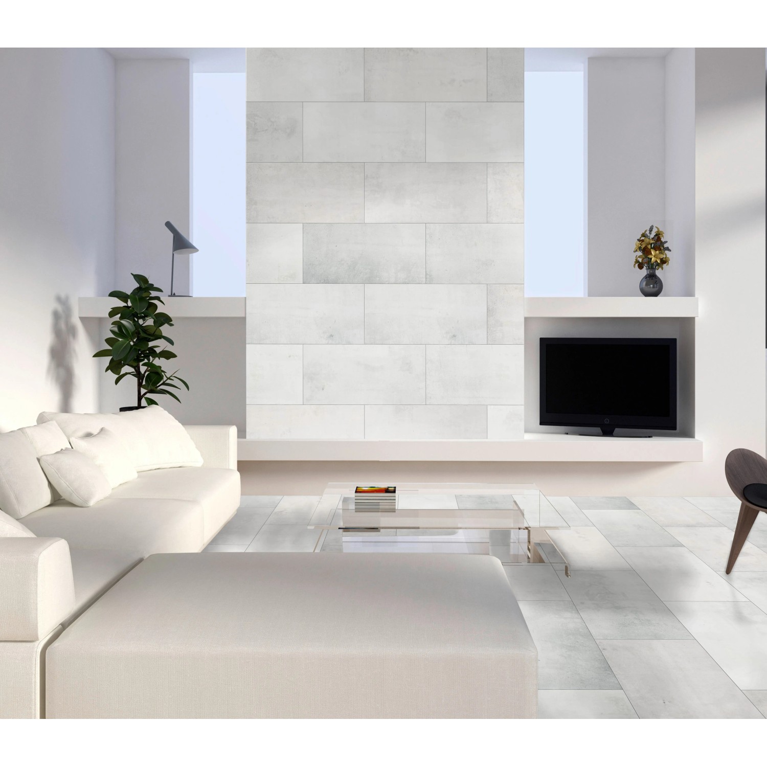 Helle Classen Ceramin Fliese Neo Vario Bianco in Steinoptik im Wohnraum.