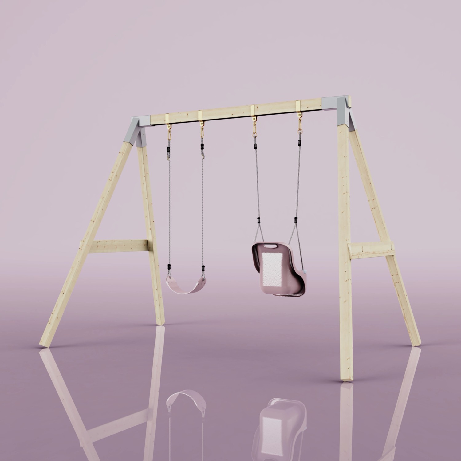 PolarPlay Schaukel Papagei in Altrosa mit Babyschaukel und normaler Schaukel.