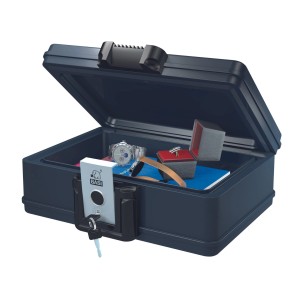 Geöffnete, wasser- und feuerfeste Basi Dokumentenbox DB 210M mit Inhalt (Uhr, Schmuck).