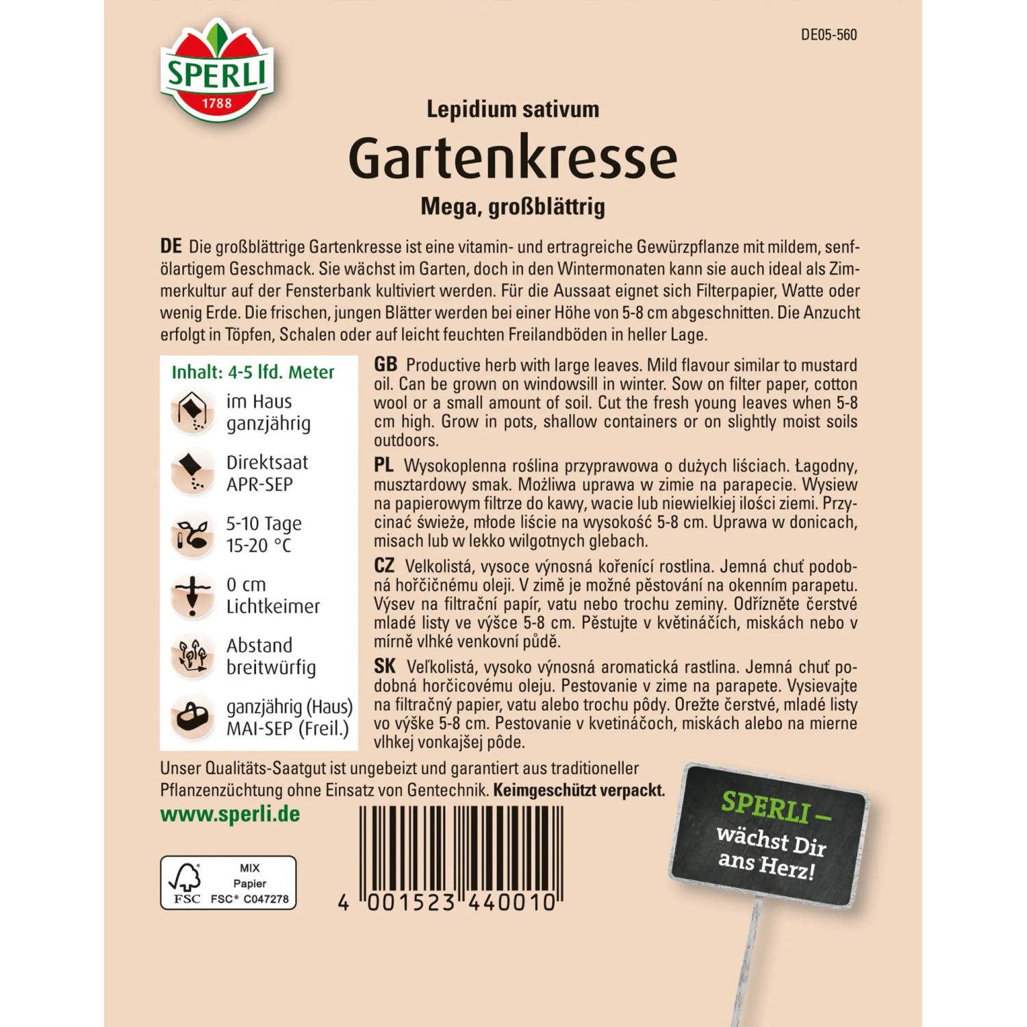 Sperli Gartenkresse "Mega" Samenpackung: Großblättrige Kresse für Beet und Fensterbank.