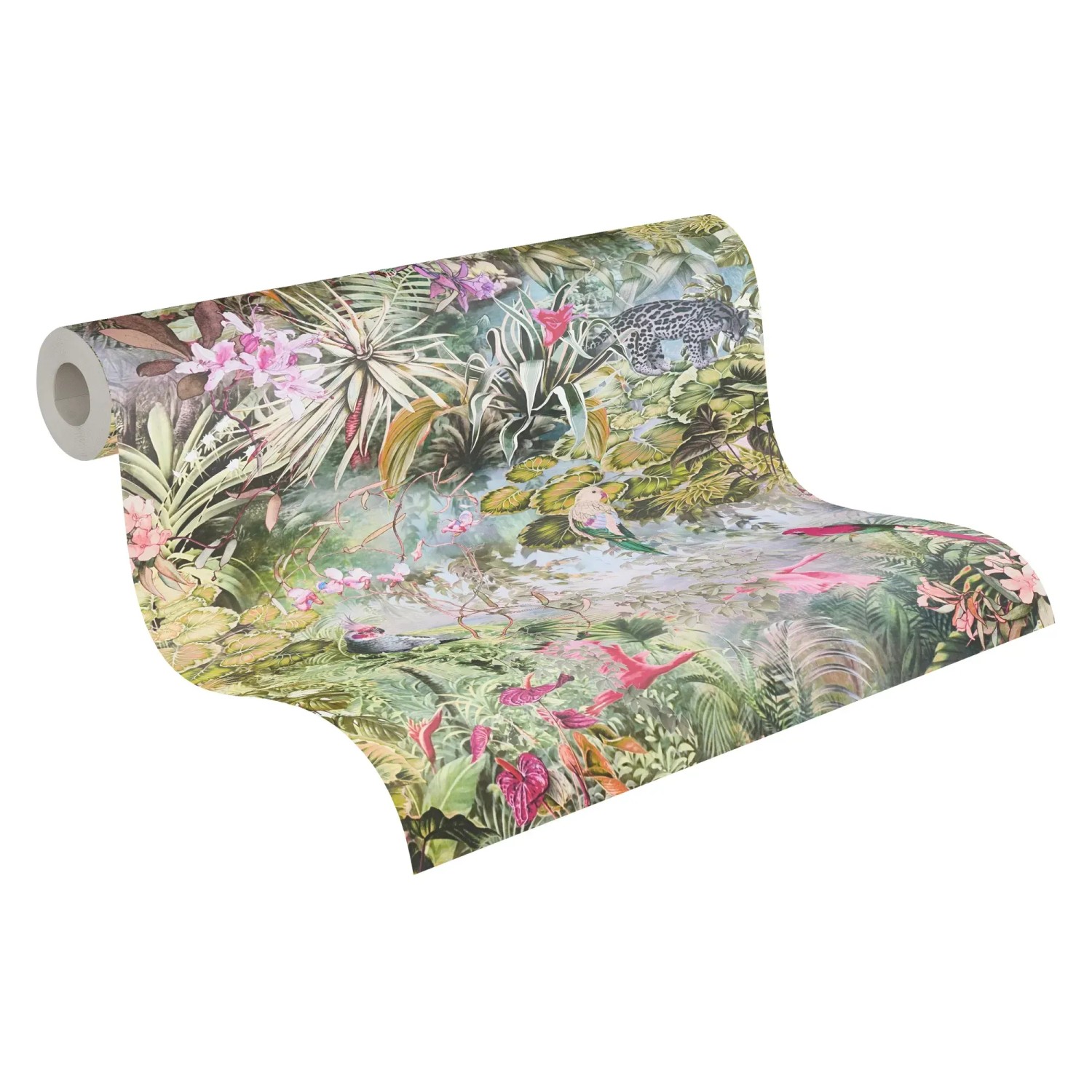 Vliestapete mit Blumen, Tieren, Dschungel-Motiv in Grün und Rosa.