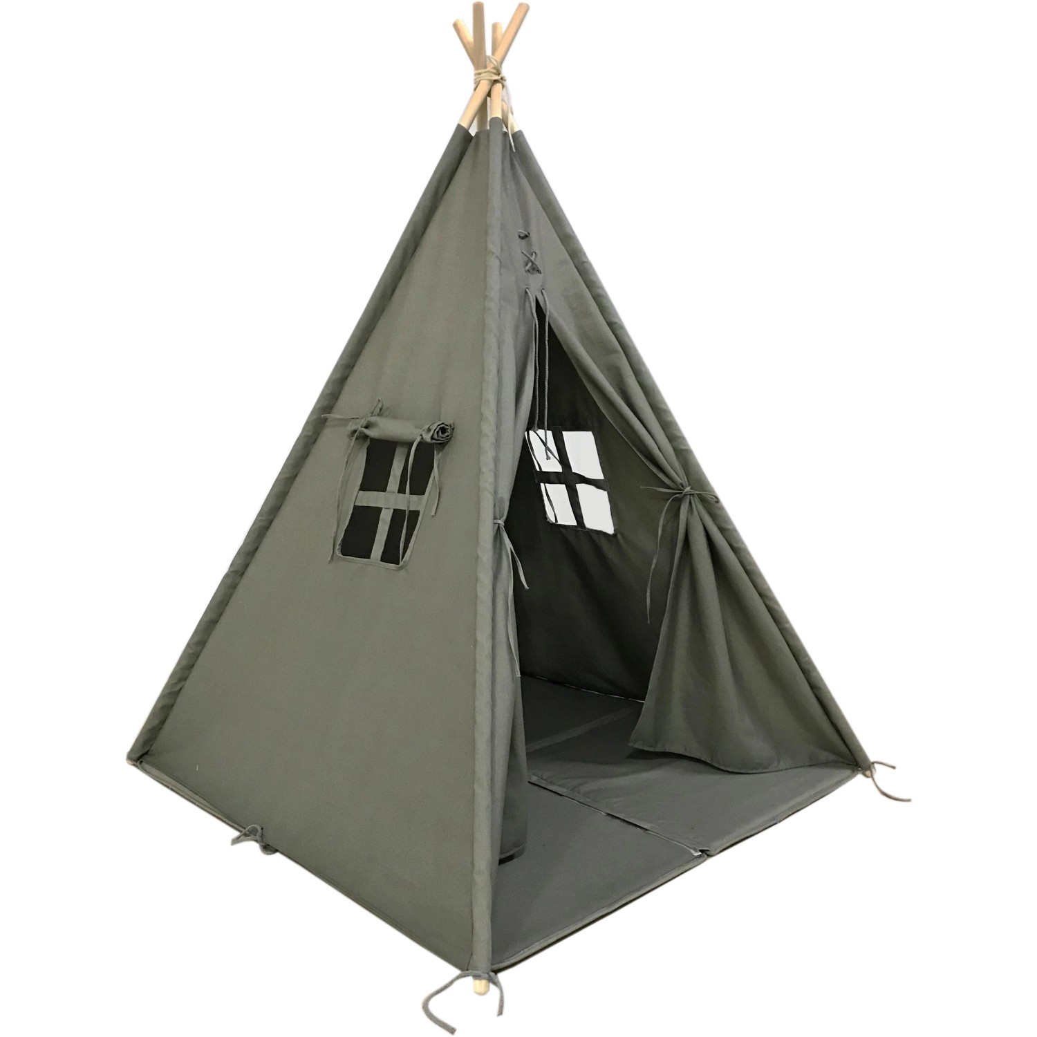 Graues Sunny Alba Tipi Zelt aus Baumwolle mit Faltkissen und zwei Fenstern.