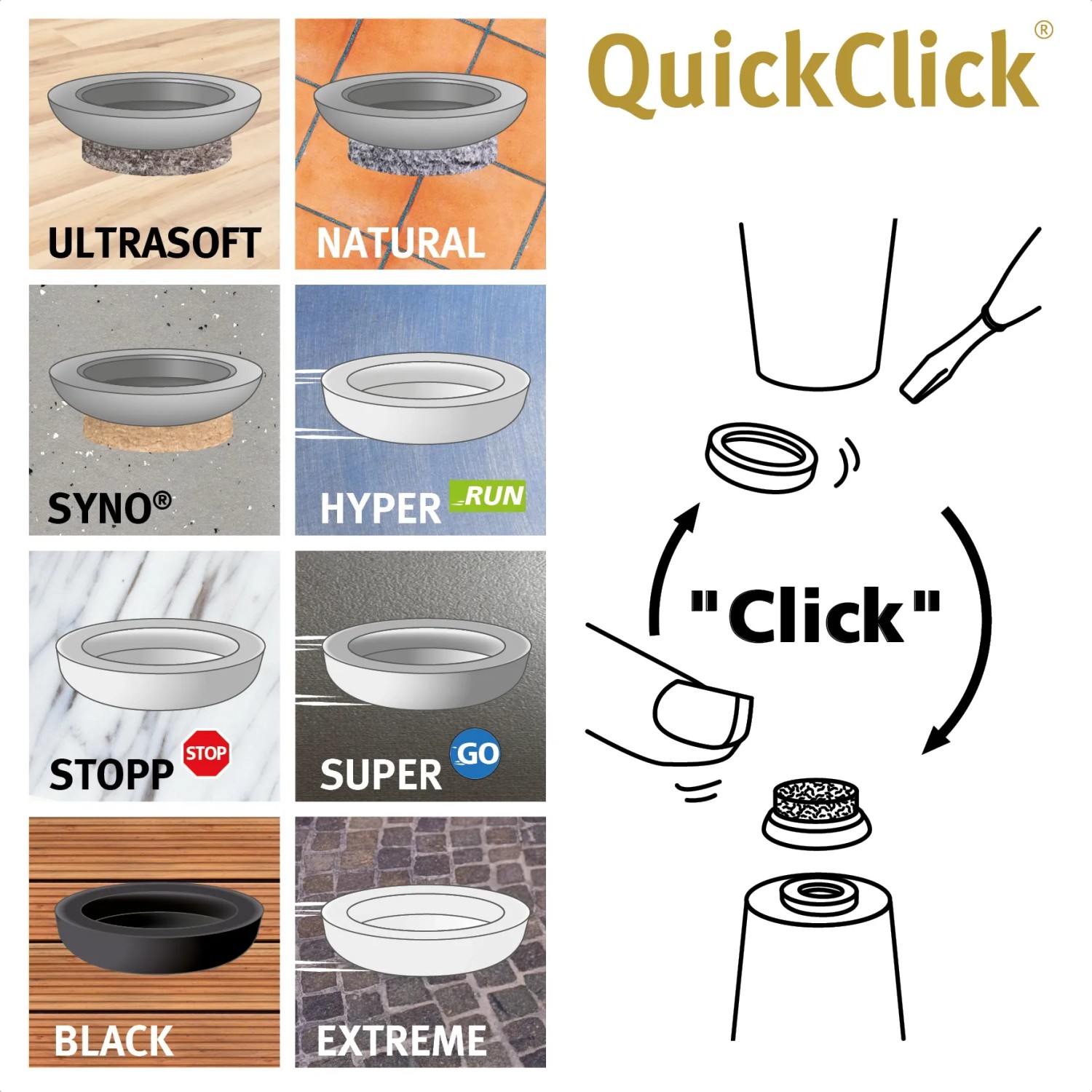Wagner QuickClick Filzgleiter Set, 12-teilig, mit Ultrasoft Slim Aufsätzen für empfindliche Böden.