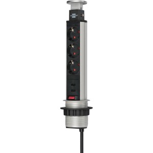 Brennenstuhl Tower Power Steckdosenleiste mit 3 Schuko-Steckdosen, USB, versenkbar, Alu/Schwarz, 2m Kabel.