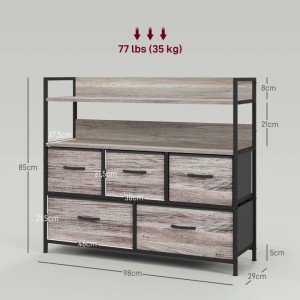 Graue HOMCOM Kommode mit 5 Schubladen aus Stoff und 2 Regalen im Industrie-Look.