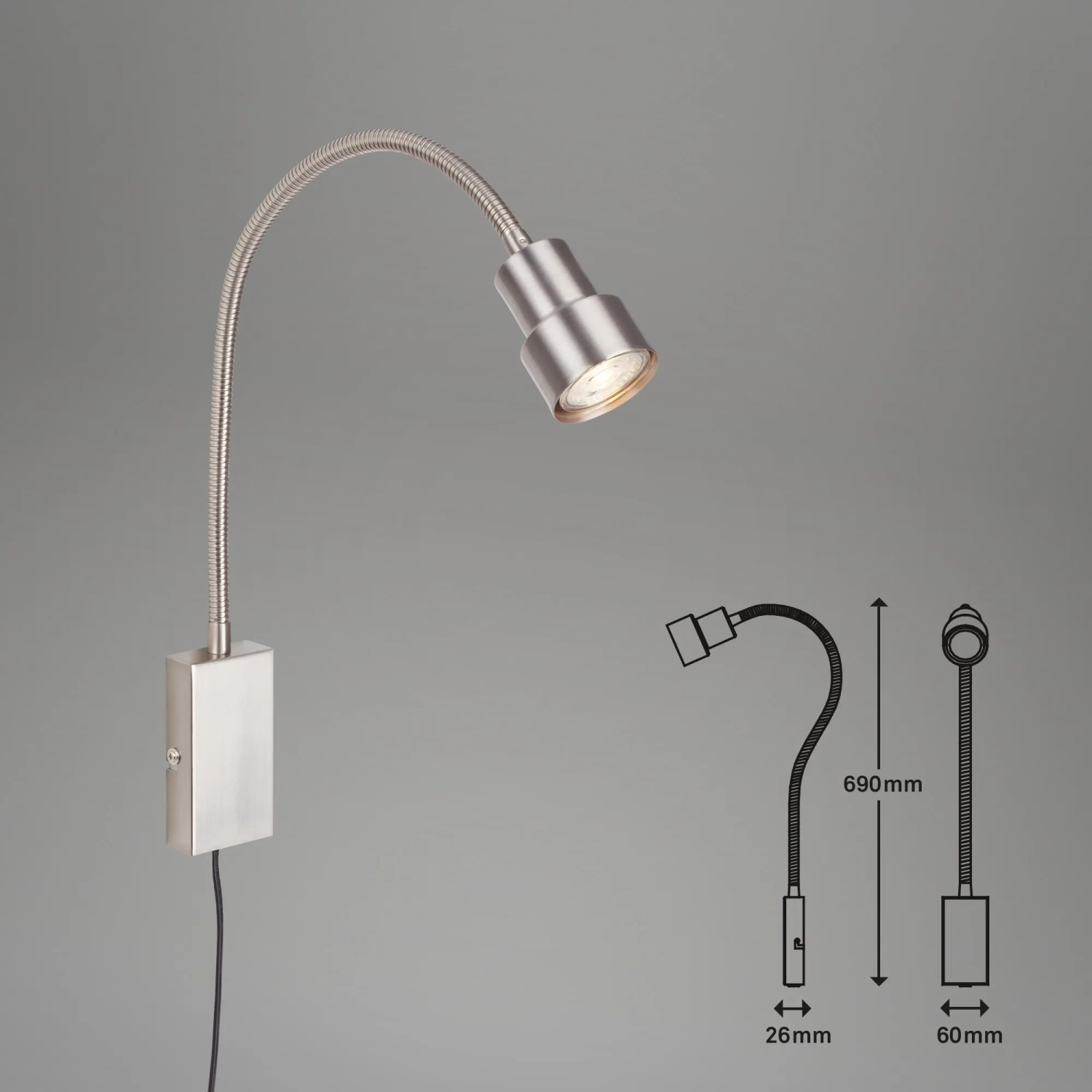 Briloner LED-Bettleuchte Tusi in Matt-Nickel mit flexiblem Arm und Touchfunktion.