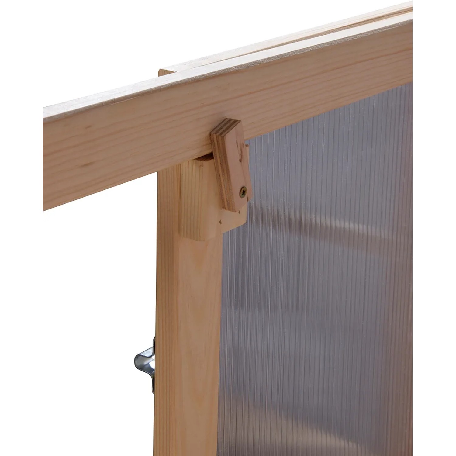 Detailaufnahme: Dobar Anzuchtschrank Dome, Holzrahmen mit Polycarbonat-Scheibe, Teil eines Indoor Gewächshauses.