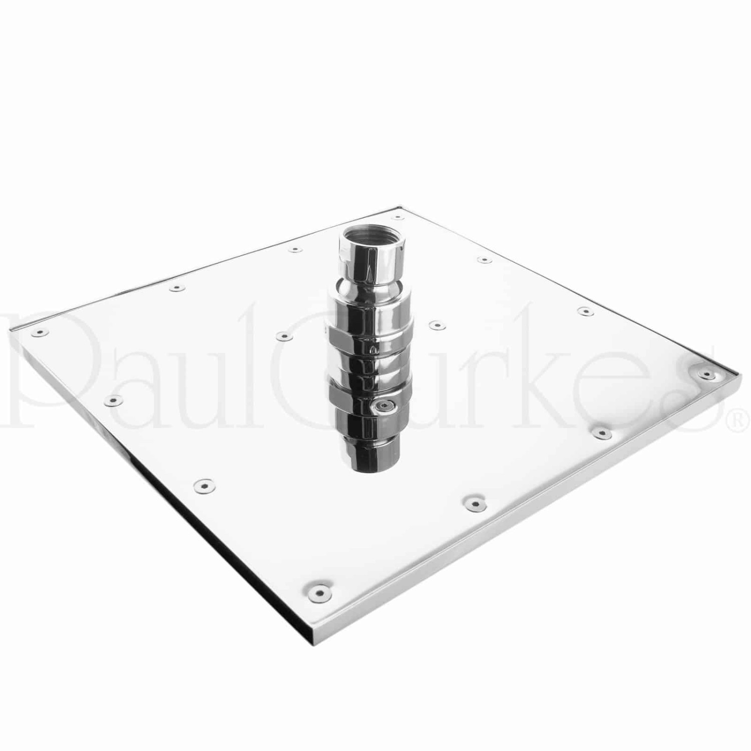 Quadratische Kopfbrause aus Chrom für PaulGurkes Duschsystem, Teil eines Brausesets.