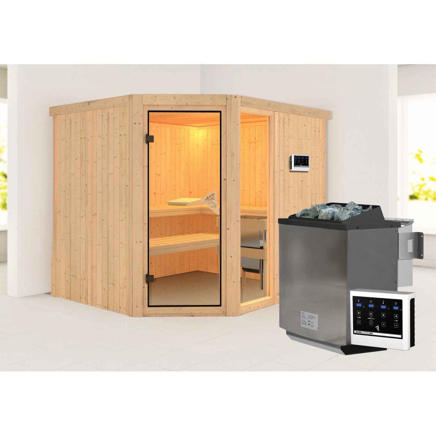 Karibu Sauna Freyja 3 mit Bio-Ofen externe Stg.Natur günstig online kaufen