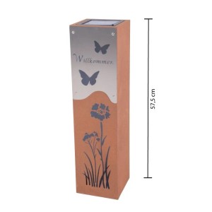 Rostfarbene DELUKE Dekosäule ATHENS mit LED, 57,5 cm hoch, mit Edelstahl-Applikation und Blumenmuster.