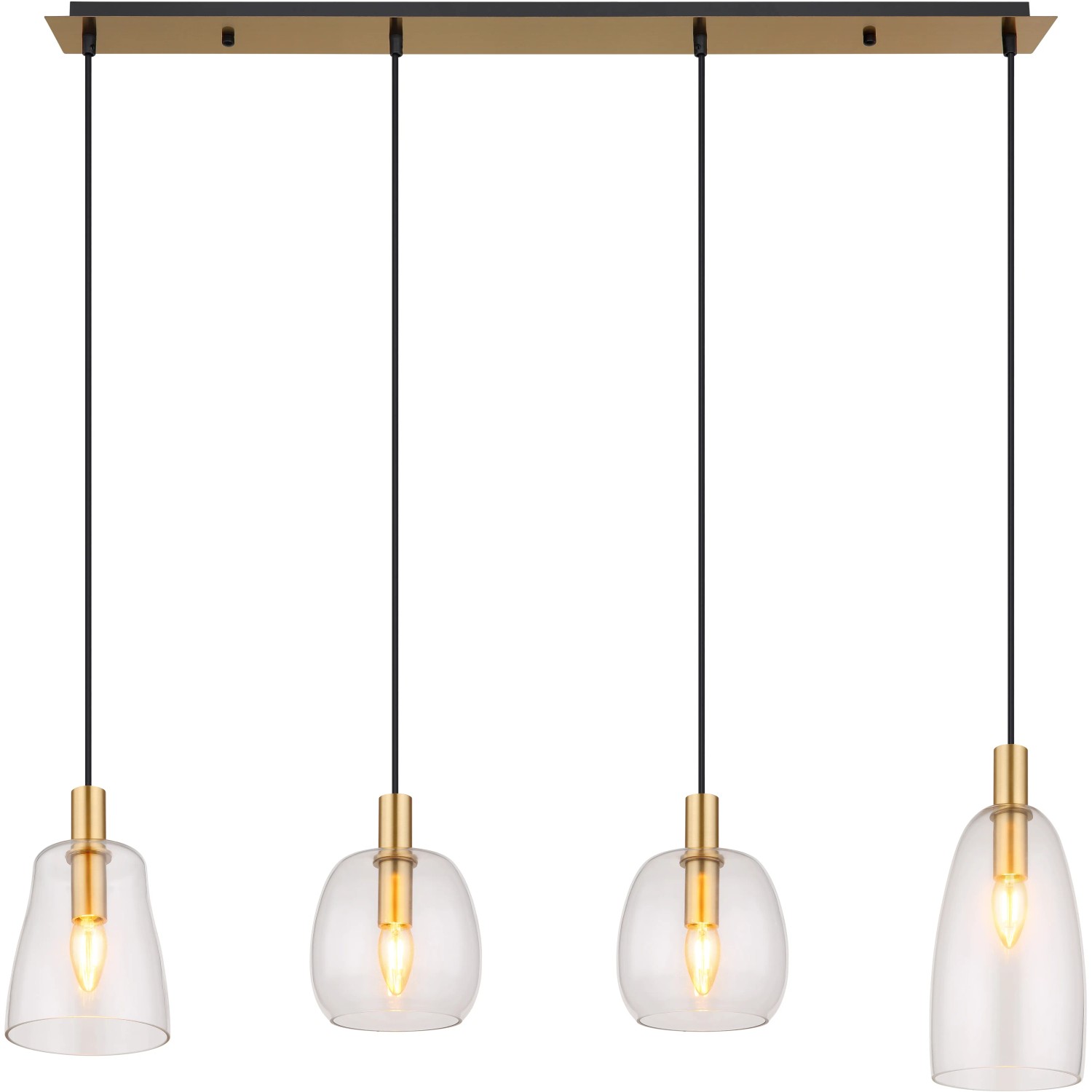Globo Pendelleuchte mit 4 klaren Glasschirmen und Messingdetails. Moderne Hängeleuchte für E14 Leuchtmittel.