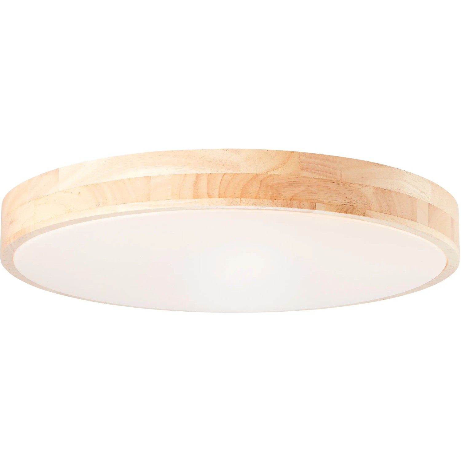 Runde LED-Deckenleuchte Slimline, Ø 49 cm, Holzrahmen, weiße Lichtfläche, dimmbar.