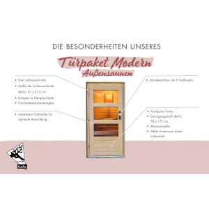 Karibu Türpaket für Außensauna Modern, naturbelassen, mit drei Lichtausschnitten und Zylinderschloss.
