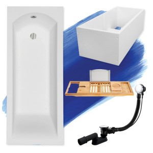 Weiße Rechteck-Badewanne 150x70 cm mit Wannenträger, Bambus-Ablage und Ablaufgarnitur. Komplettset für Ihr Bad.