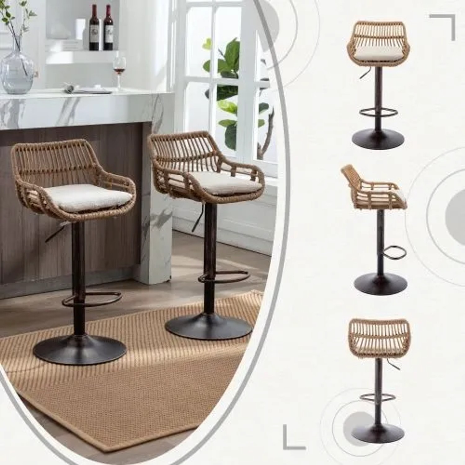 PXloue Barhocker 2er Set Höhenverstellbar mit Fußstütze und 360° Drehfunktion Barstuhl mit Metallgestell und Rattan Rückenlehne_6