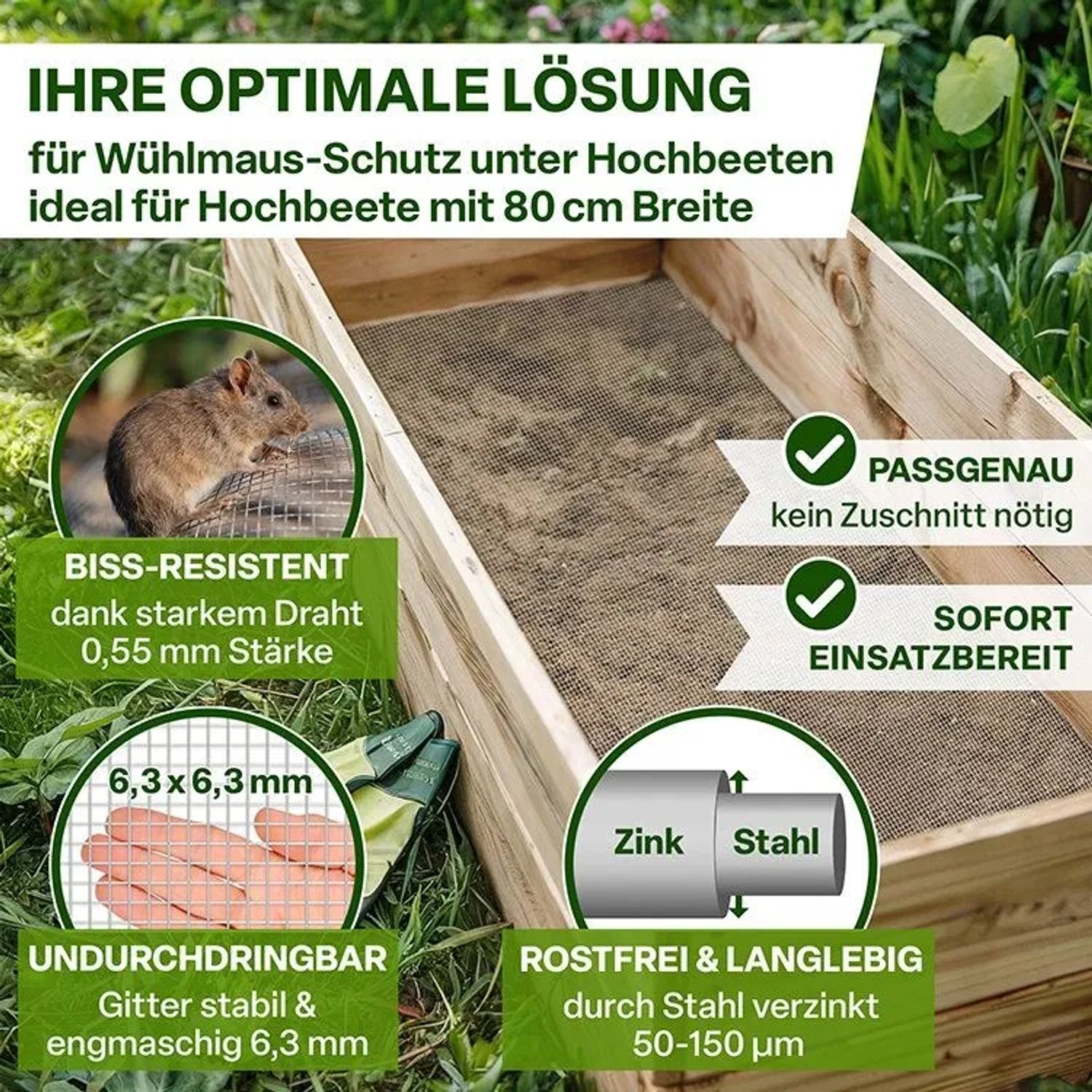 Verzinktes Wühlmausgitter im Hochbeet, 2,5x0,8m. Robustes Drahtgitter schützt Pflanzen vor Nagetieren. Bissfest & langlebig.