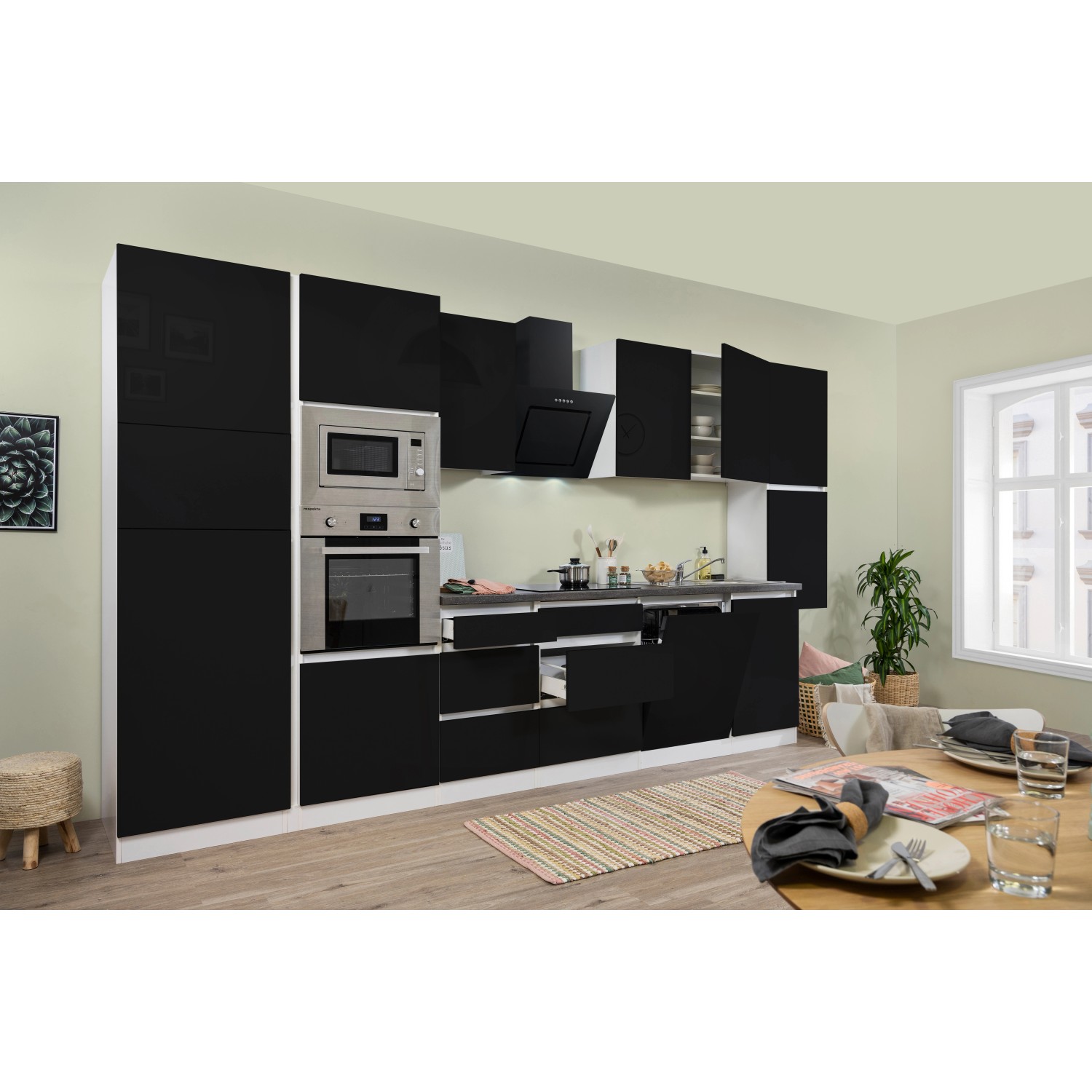 Respekta Premium Küchenzeile Grifflos 395 cm Schwarz Hochglanz-Weiß günstig online kaufen