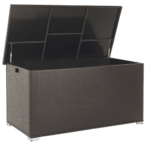 Offene, dunkelbraune Beliani Truhe MODENA (75x155x80) aus Polyrattan für Gartenauflagen.