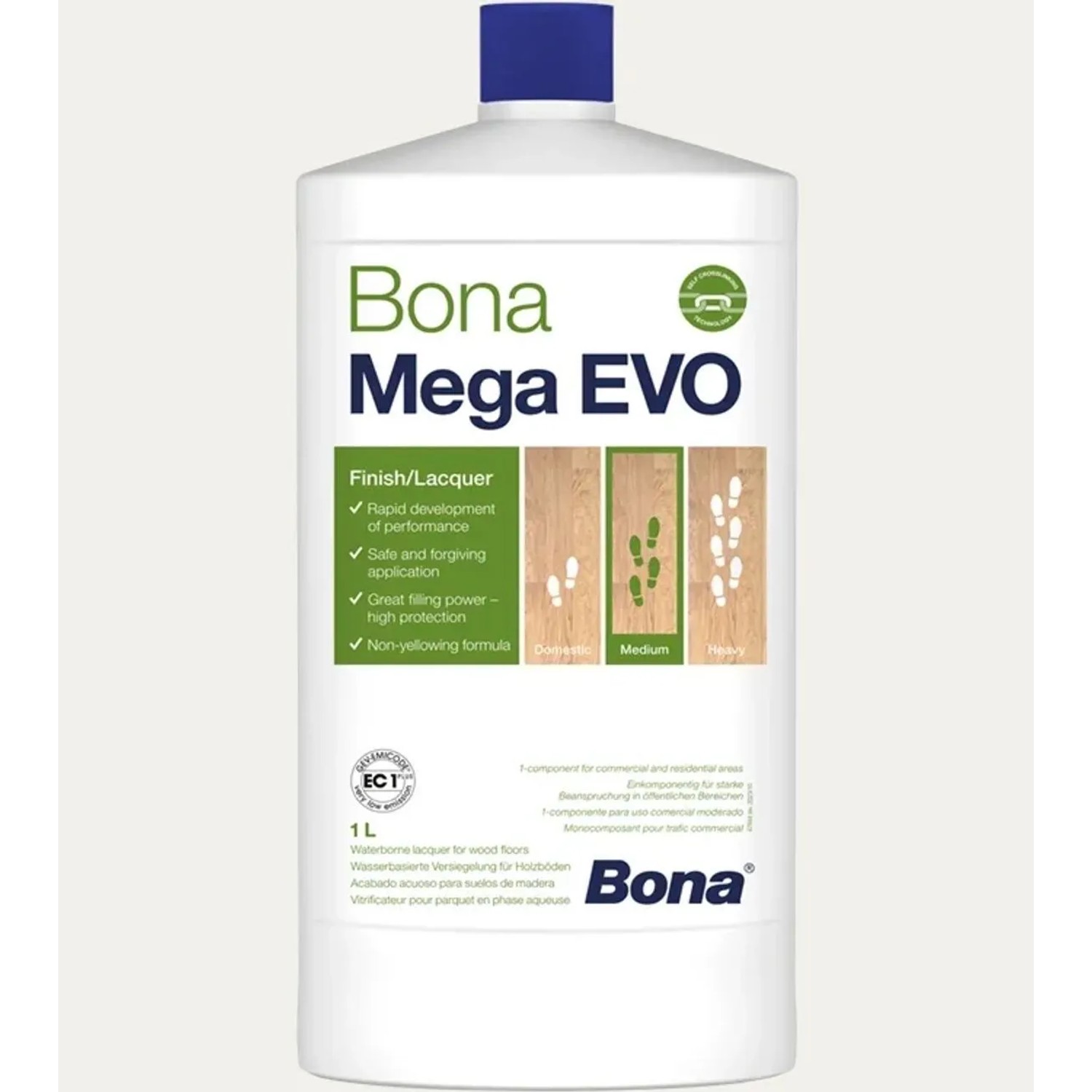 Bona Mega Evo 1k-Wasserlack für Holzböden, seidenmatt, in weißer 1L Flasche. Kratz- & verschleißfest.