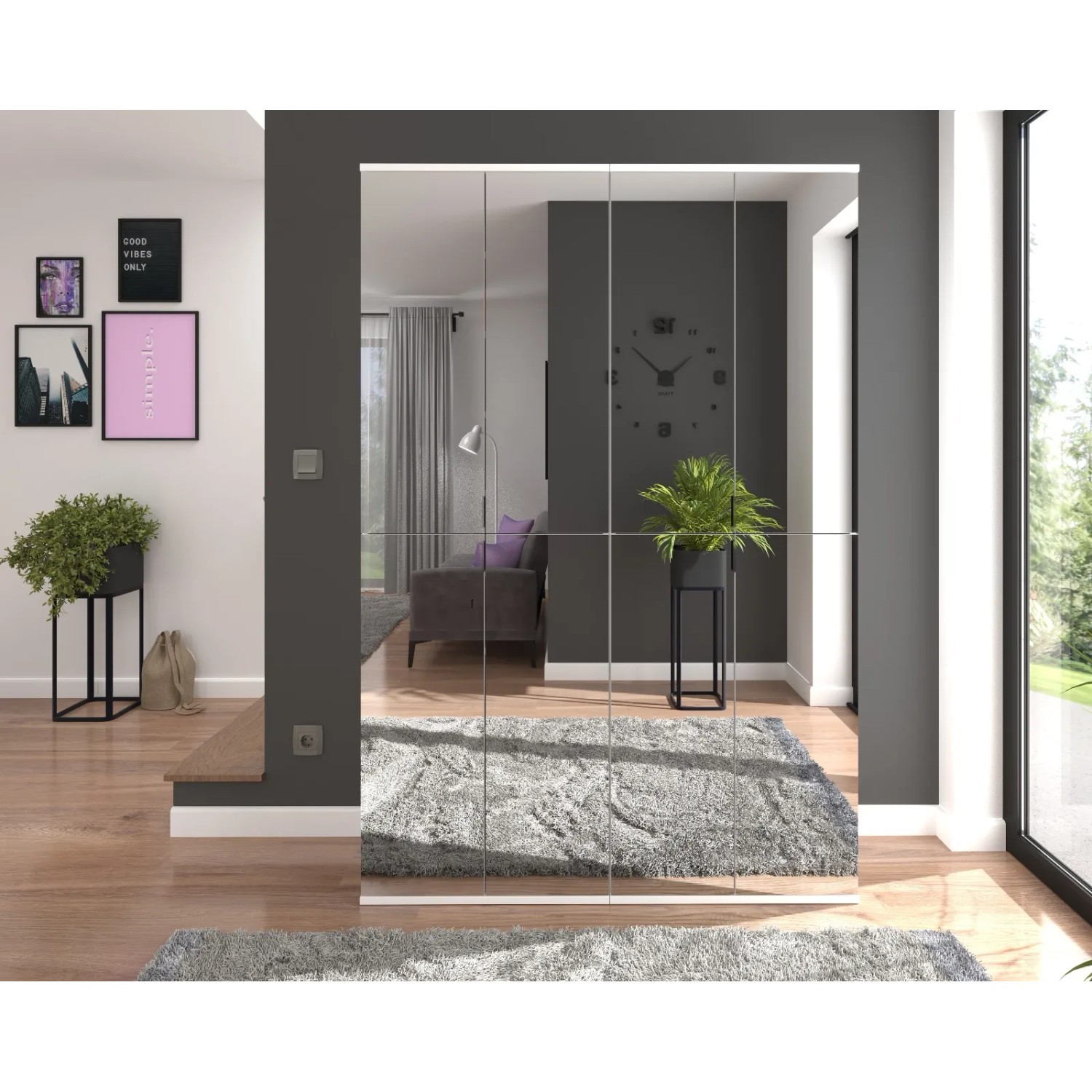 Weißer Inn.Furn Schuhschrank mit 8 Spiegeltüren (SystemX), 122 cm breit. Garderobenschrank mit Spiegelfront.