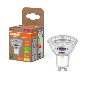 Osram GU10 LED-Lampe, Reflektorform, 1,3 W, warmweiß, mit Verpackung.