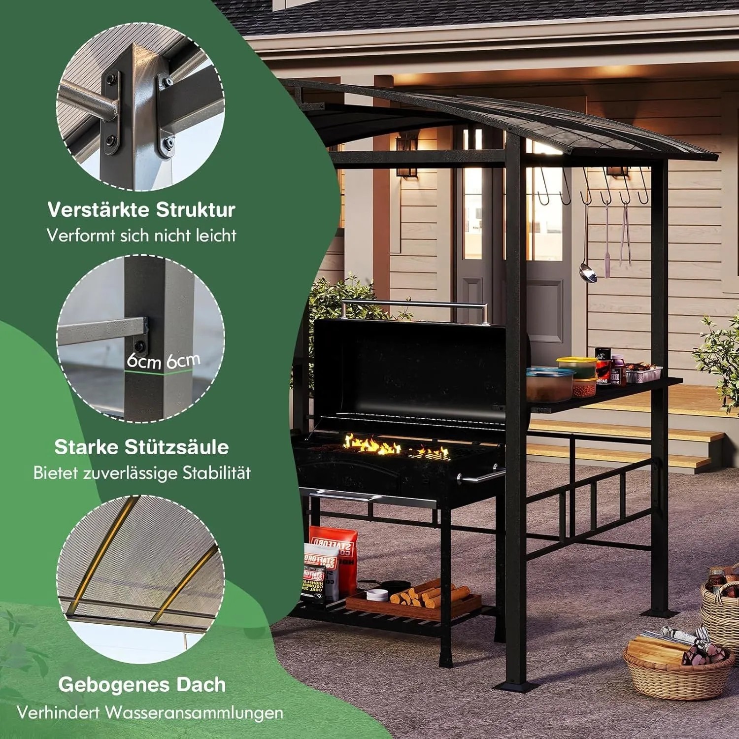 Costway Grillpavillon mit Grill, Seitenregalen und Haken in Schwarz. Ideal für Outdoor-Grillabende.