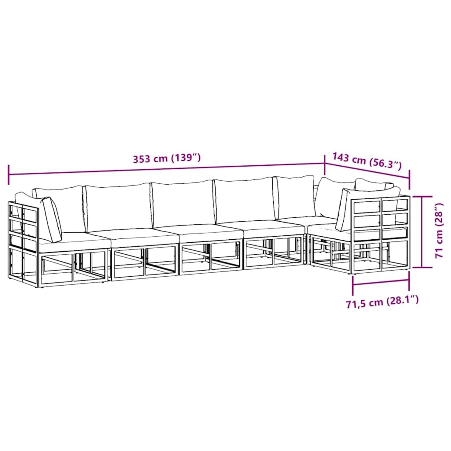 vidaXL Garten-Sofa-Set, 6-teilig, Schwarz, Aluminium, mit Maßangaben. Ideal für Terrasse und Garten.