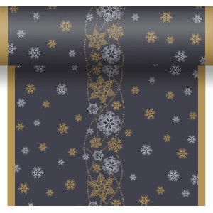 Schwarzer Duni Tischläufer mit goldenen und silbernen Schneeflocken für festliche Tischdeko.