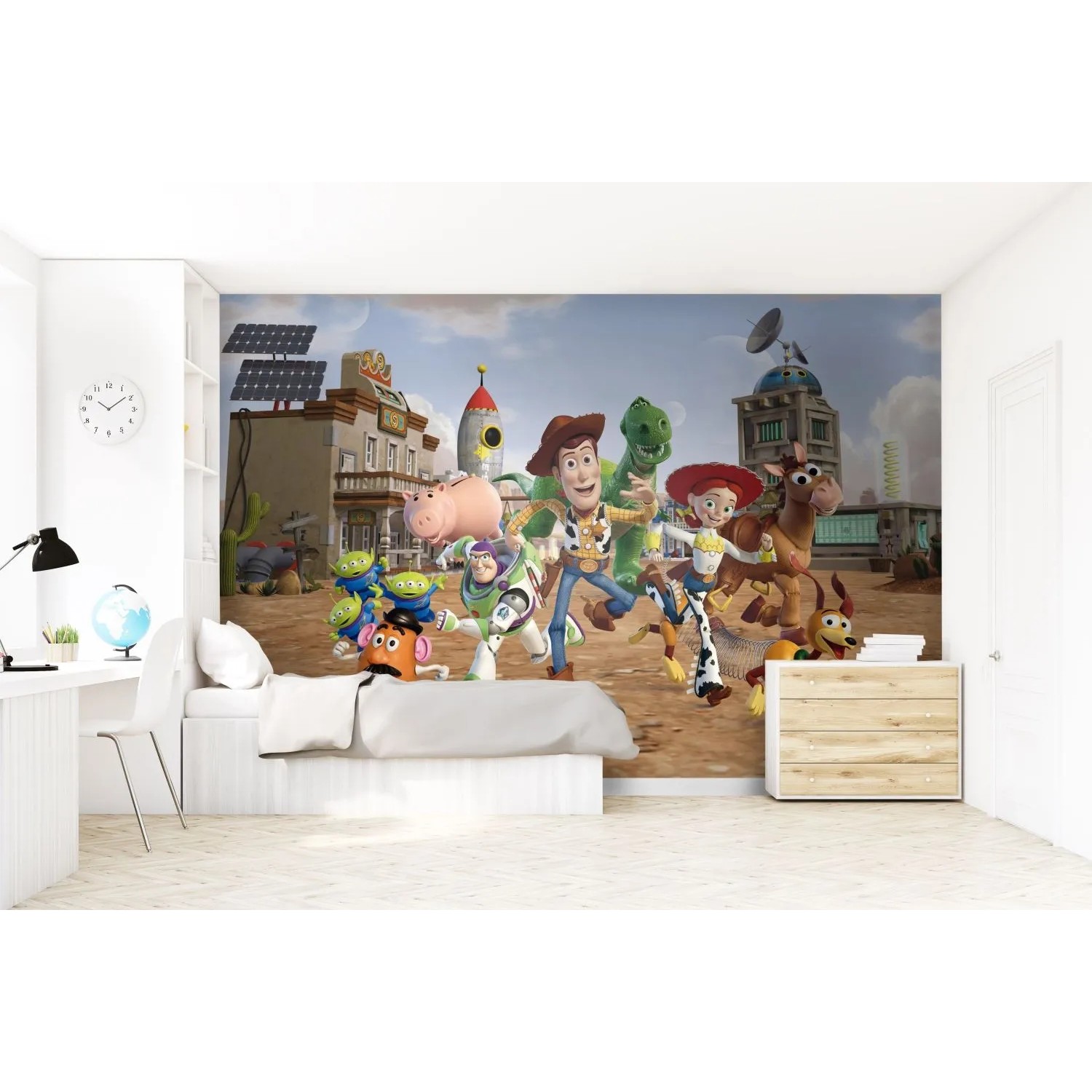 Kinderzimmer mit Disney Toy Story Fototapete in Beige, Grün und Gelb.