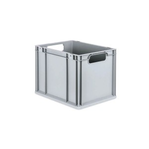 Graue PROREGAL Eurobox 30L mit Scharnierdeckel und gelben Verschlüssen, offene Griffe.